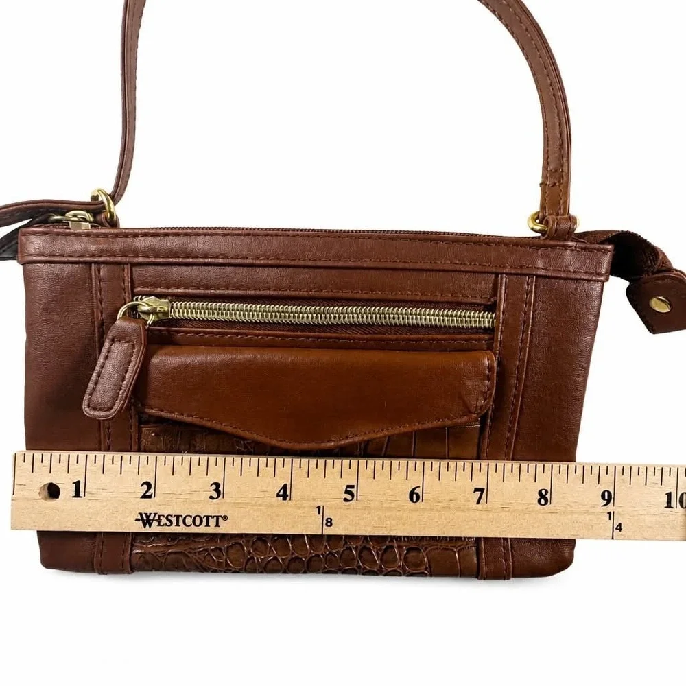 Small Brown Faux Leather Crossbody Purse Crocodile Embossed Trim Travel Wallet